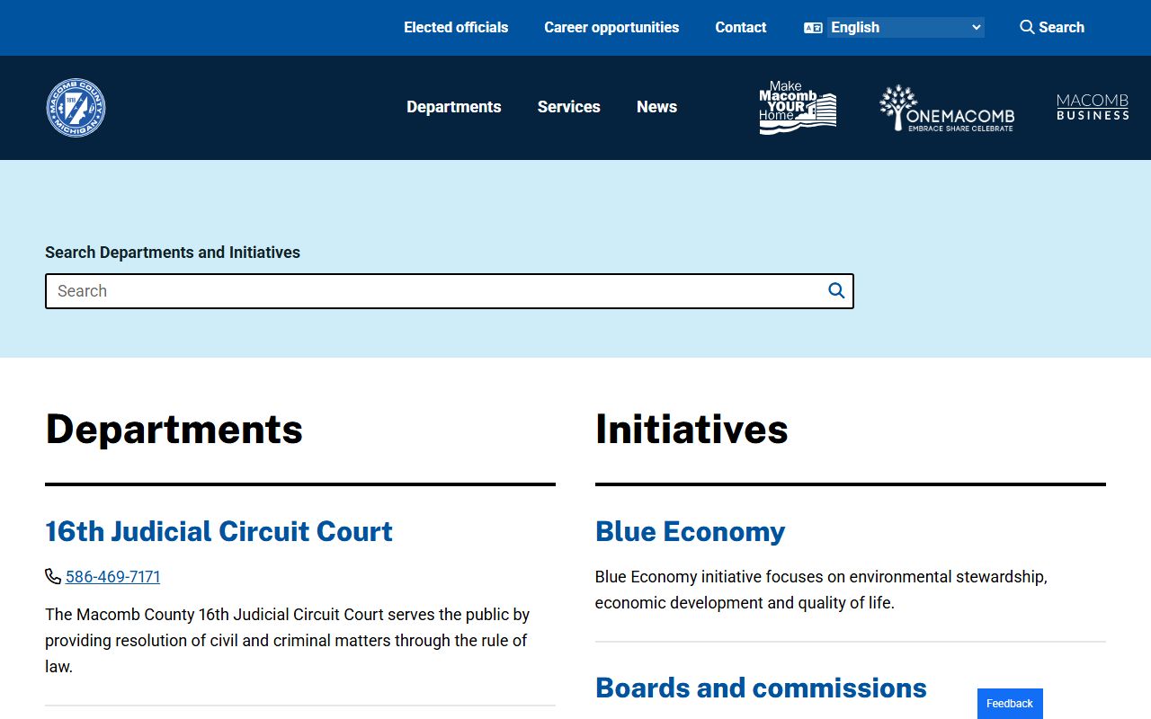 Macomb County departments directory listing courts and Clerk