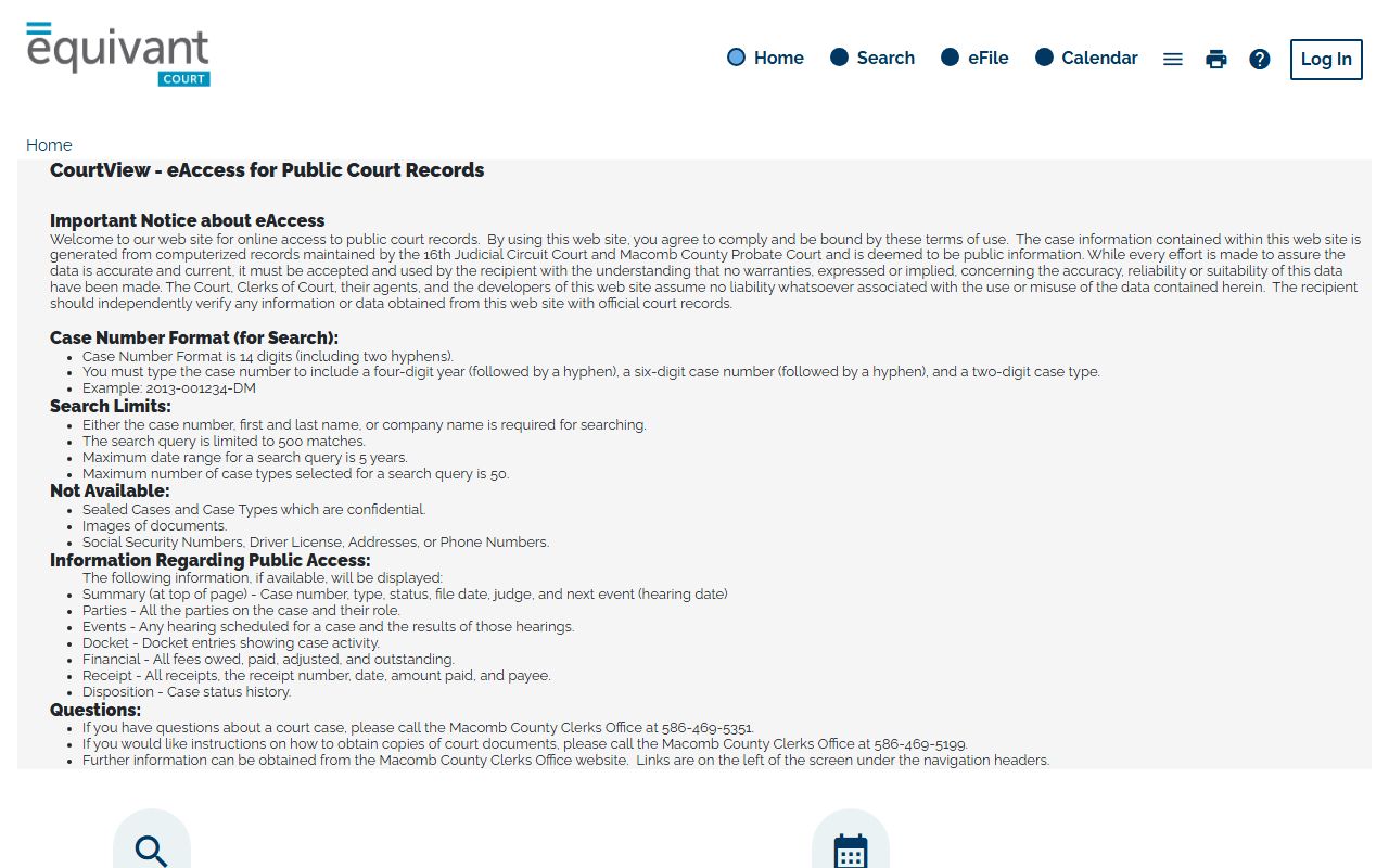 CourtView public access search page for Macomb County