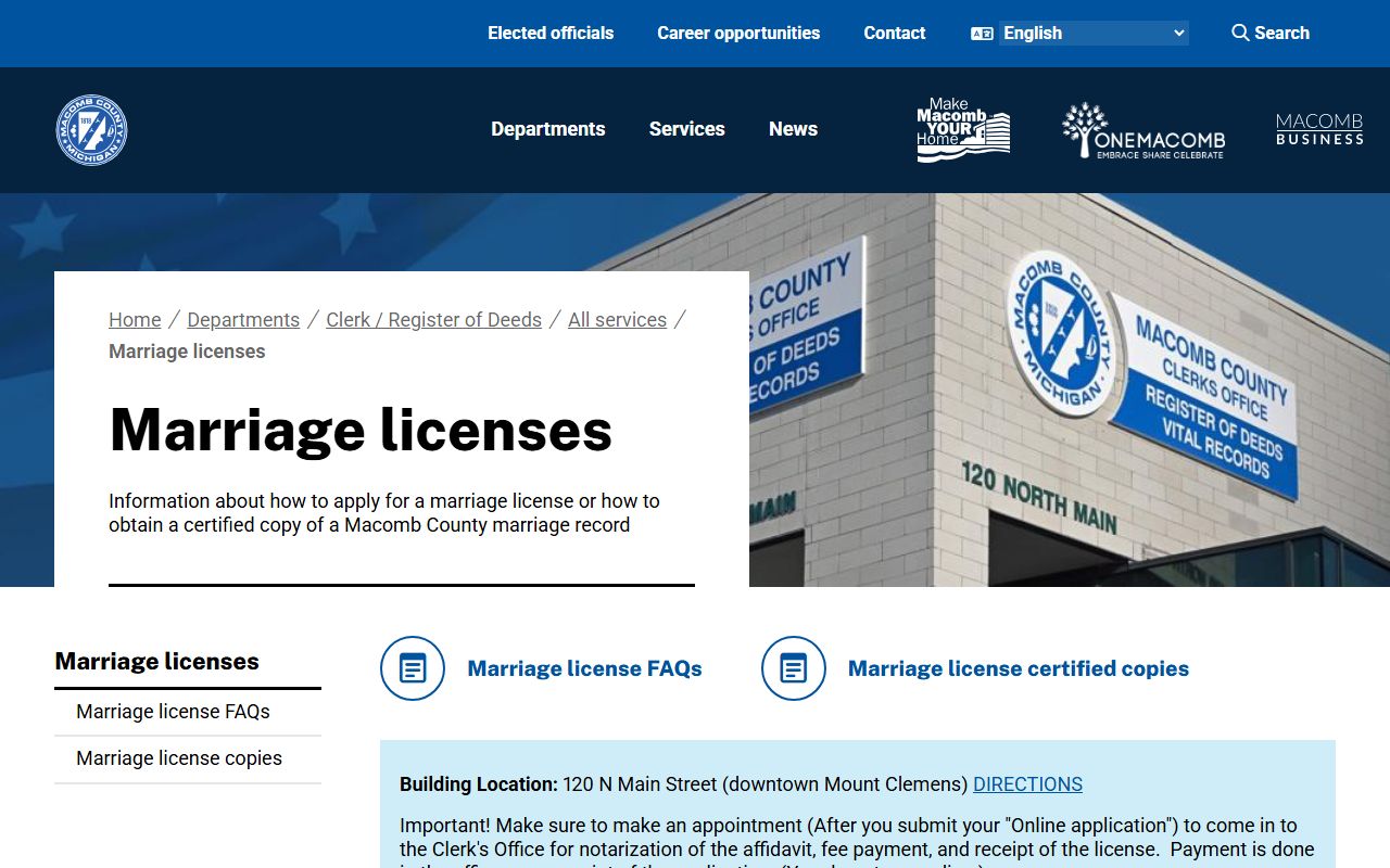 Macomb County marriage licenses page
