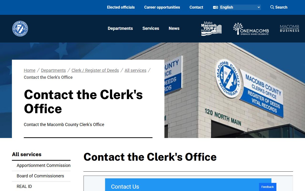 Macomb County Clerk's Office contact page