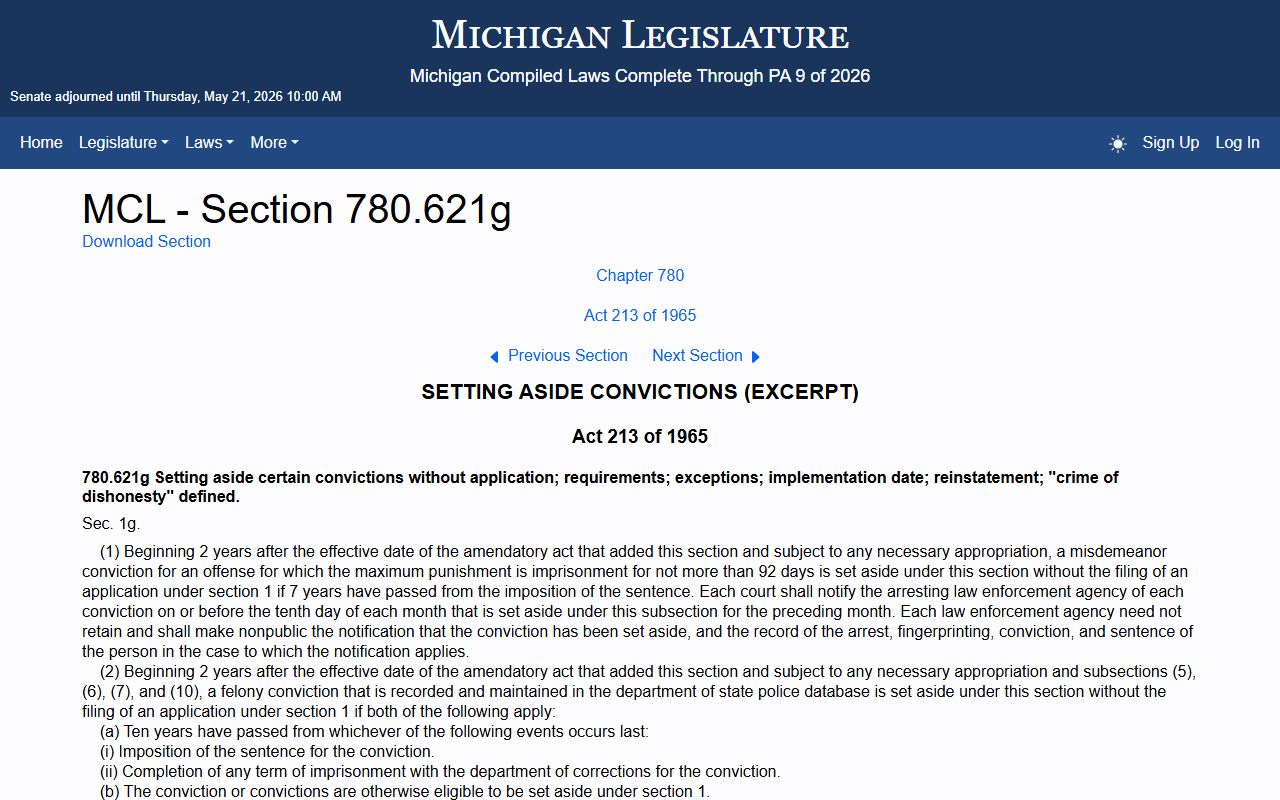 Michigan Clean Slate automatic set-aside statute