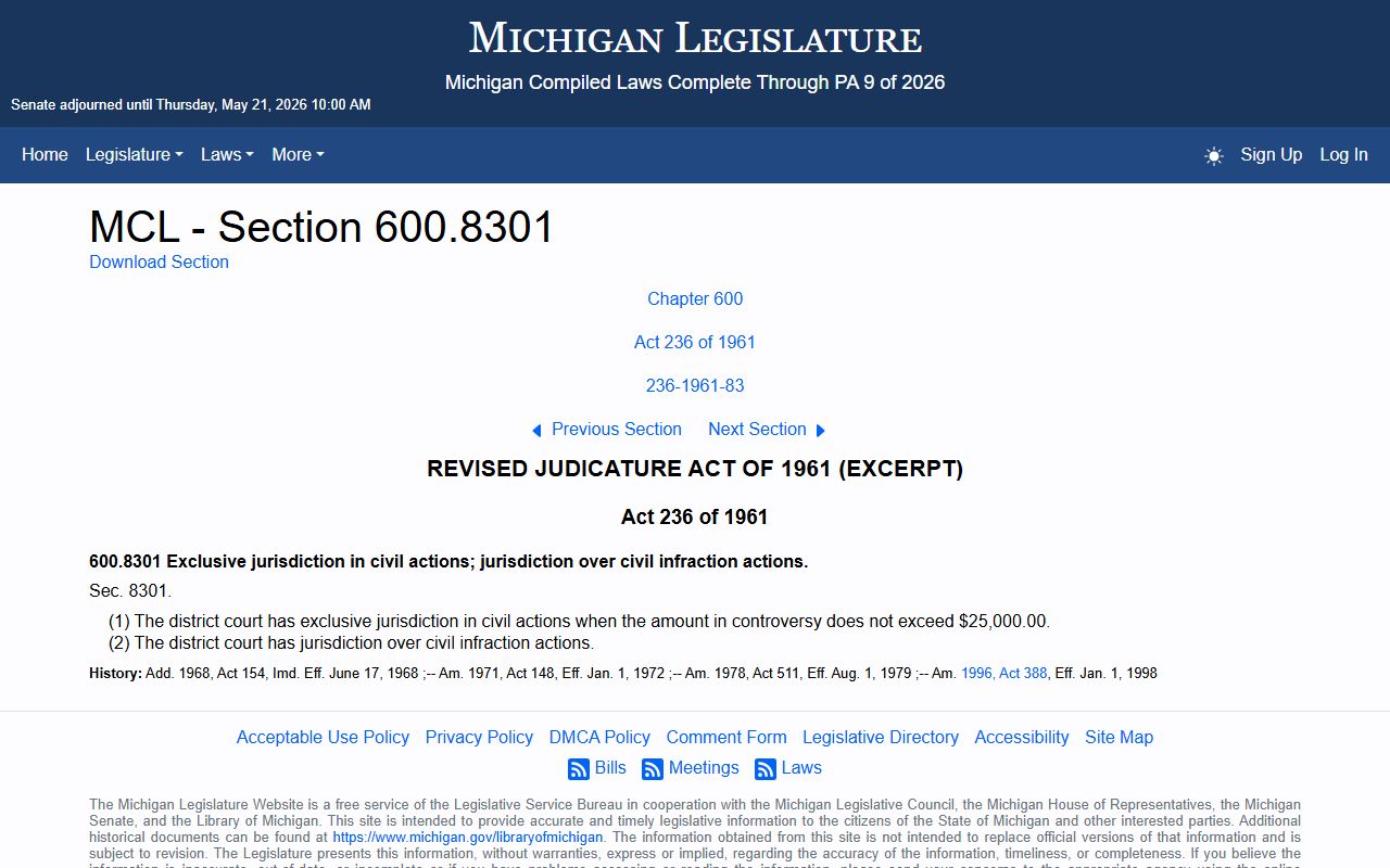 Michigan district court civil jurisdiction statute