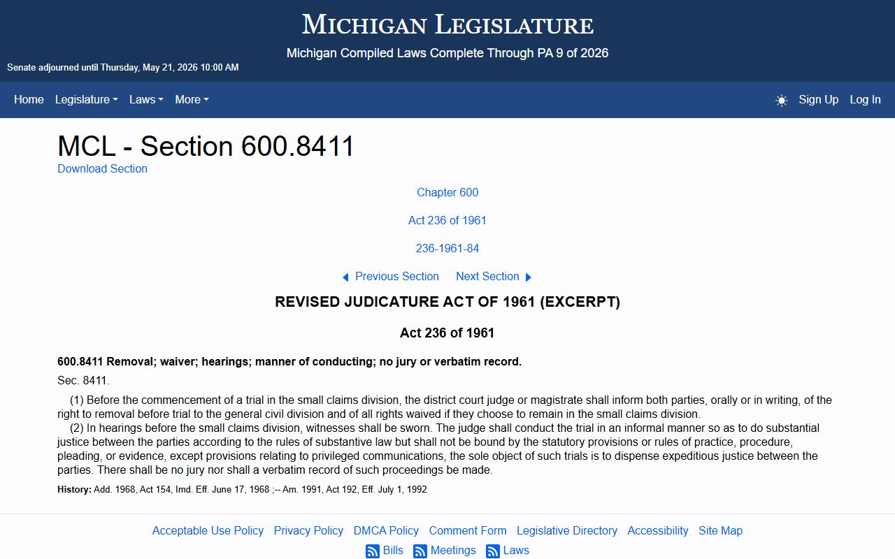 Michigan small claims jurisdiction statute