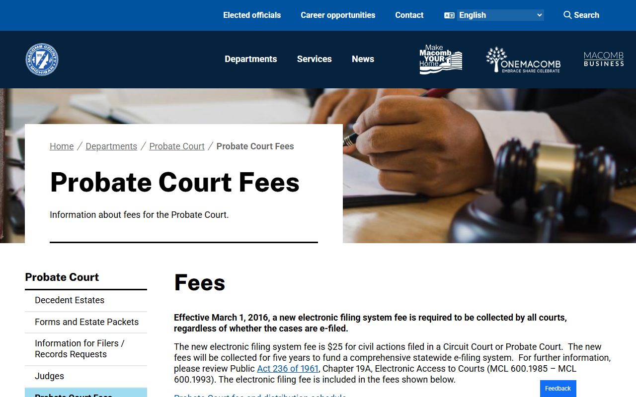Macomb County Probate Court fees page