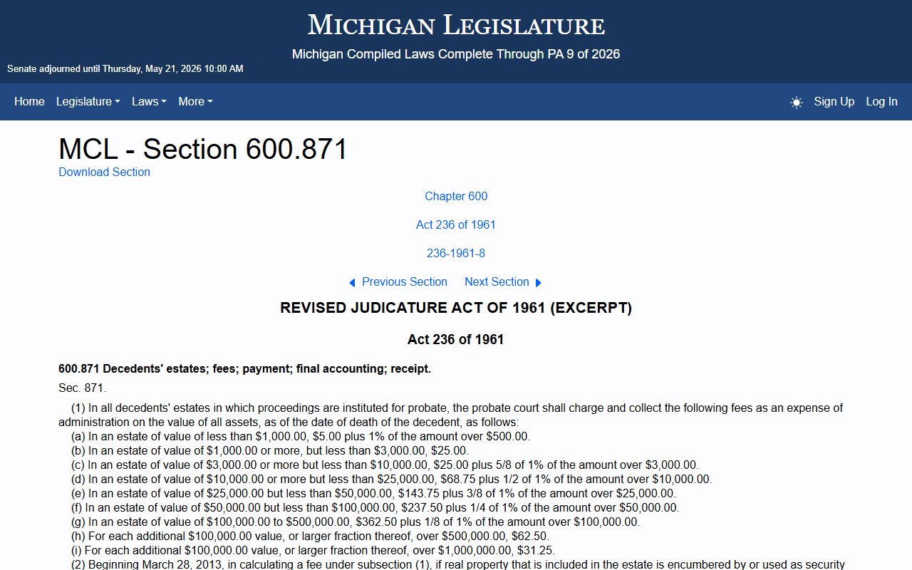 Michigan probate inventory fee statute