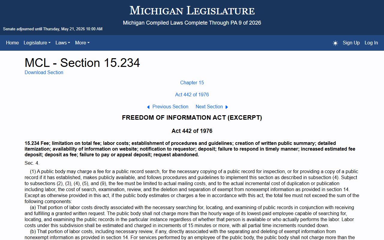 Michigan FOIA fees statute