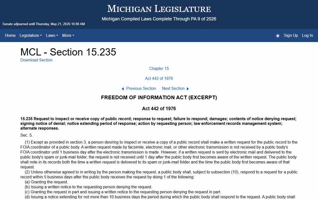 Michigan FOIA response time statute