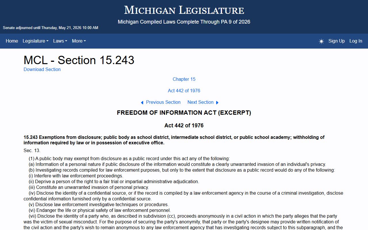 Michigan FOIA exemptions statute