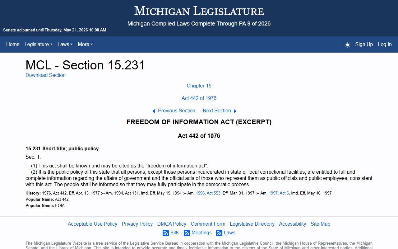 Michigan FOIA short title and policy