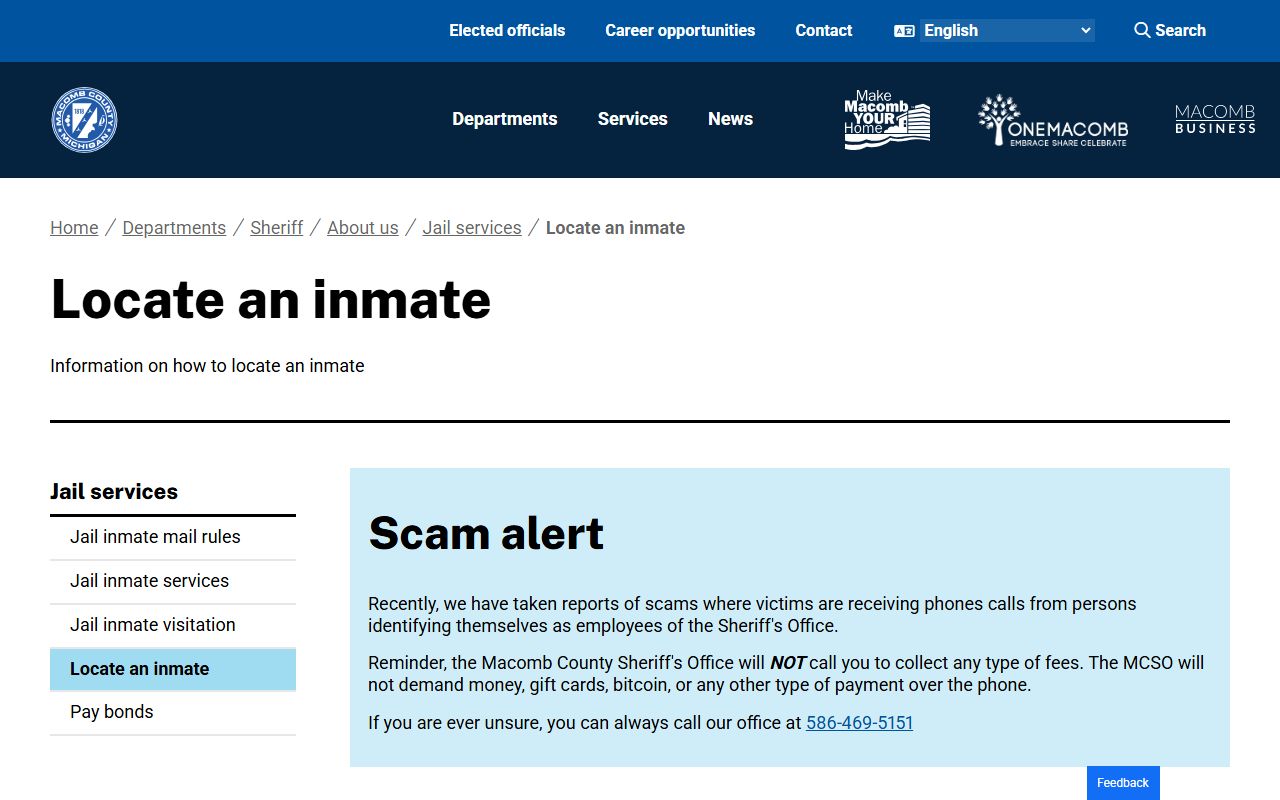 Macomb County Sheriff Locate an Inmate page